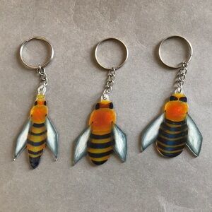 Honey bee keychains. Queen bee, worker bee, and drone bee.